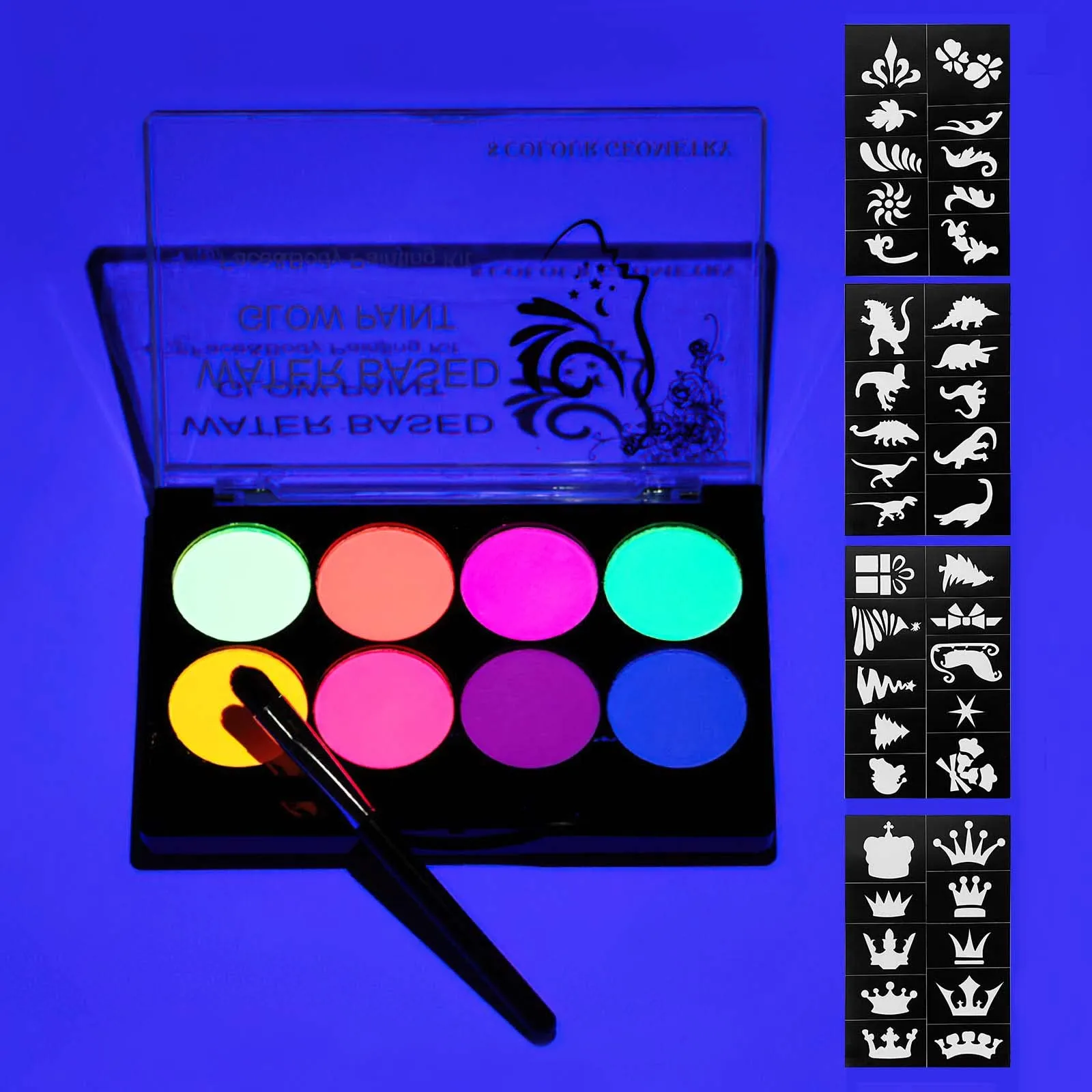 Neon-Face-Paint Nontoxic-and-Washable-Neon-Body-Paint UV-Glow-Paint-in the-Black-Light-with-Brush-and-Mode-Cards Glow-in-the-Dar